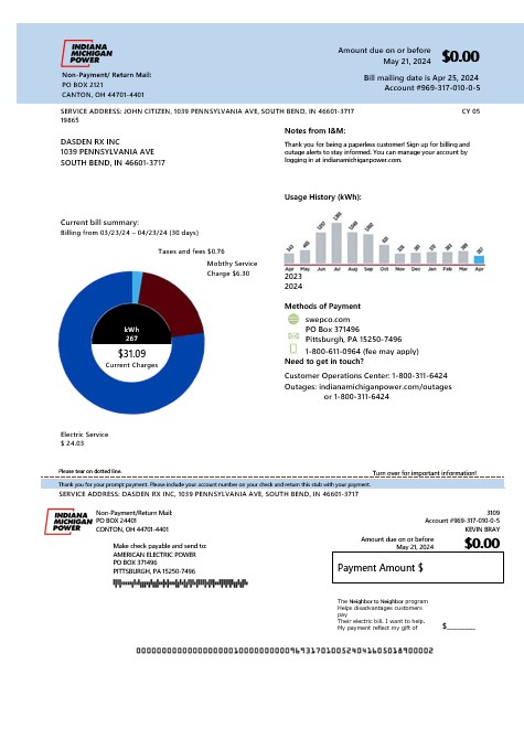 USA Indiana electricity business utility bill template in Word and PDF formats